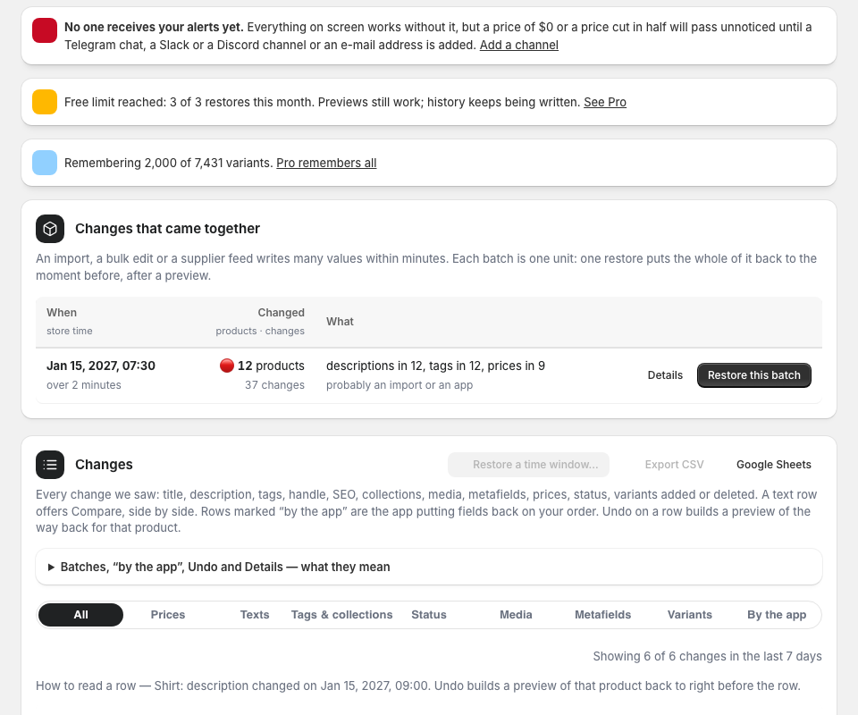 Changes: a batch on top with Details and Restore this batch; tabs for texts, tags and collections, media, metafields, variants; rows saying which tag came and went, with Compare on texts