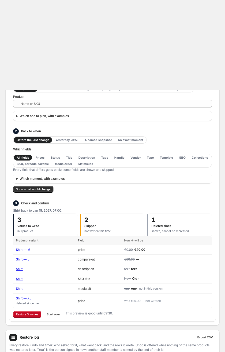 Restore, step 3: the preview by field — a description now and will be, a tag list, an SEO title, and a tile of skipped rows with the reason