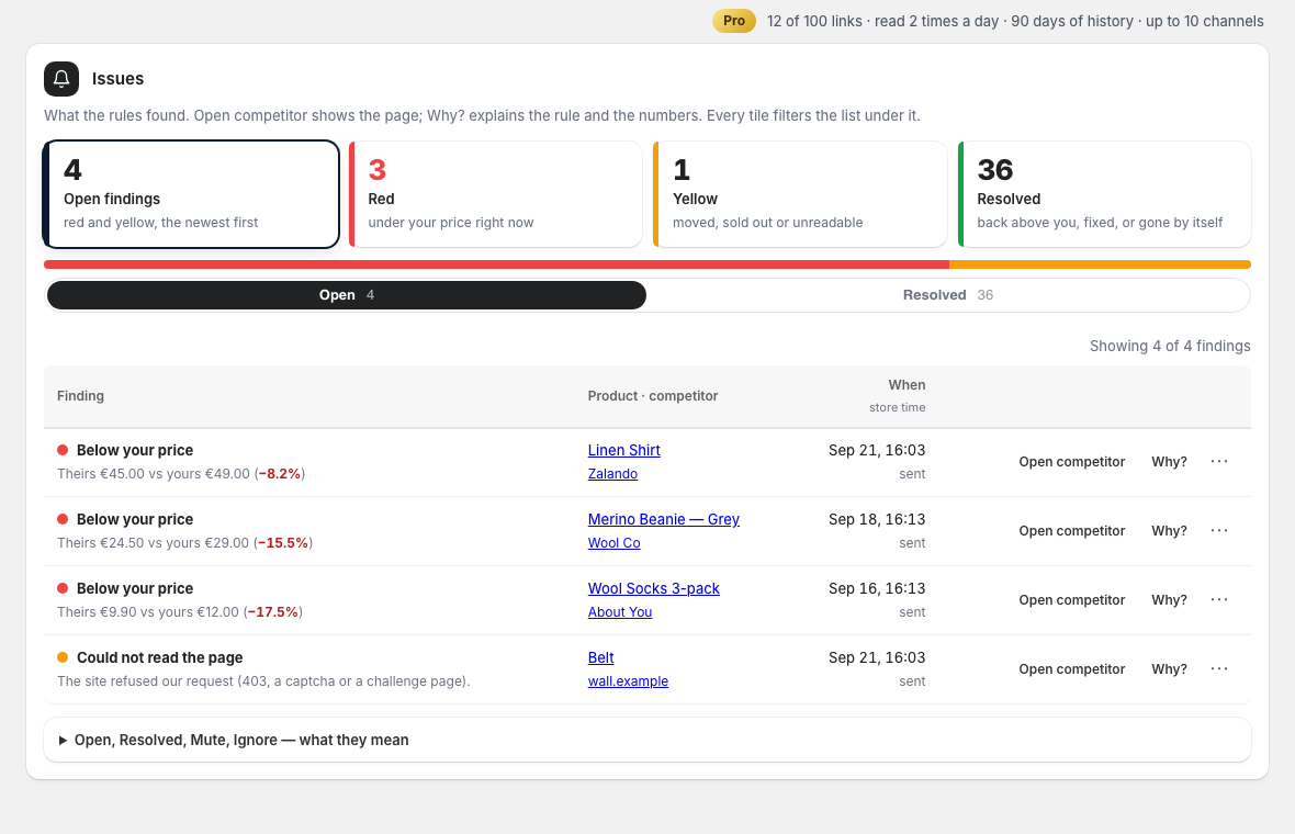 Issues: tiles for open, red, yellow and resolved; the table of findings with theirs vs yours, the competitor page, Why? and a menu to mark fixed, mute or ignore