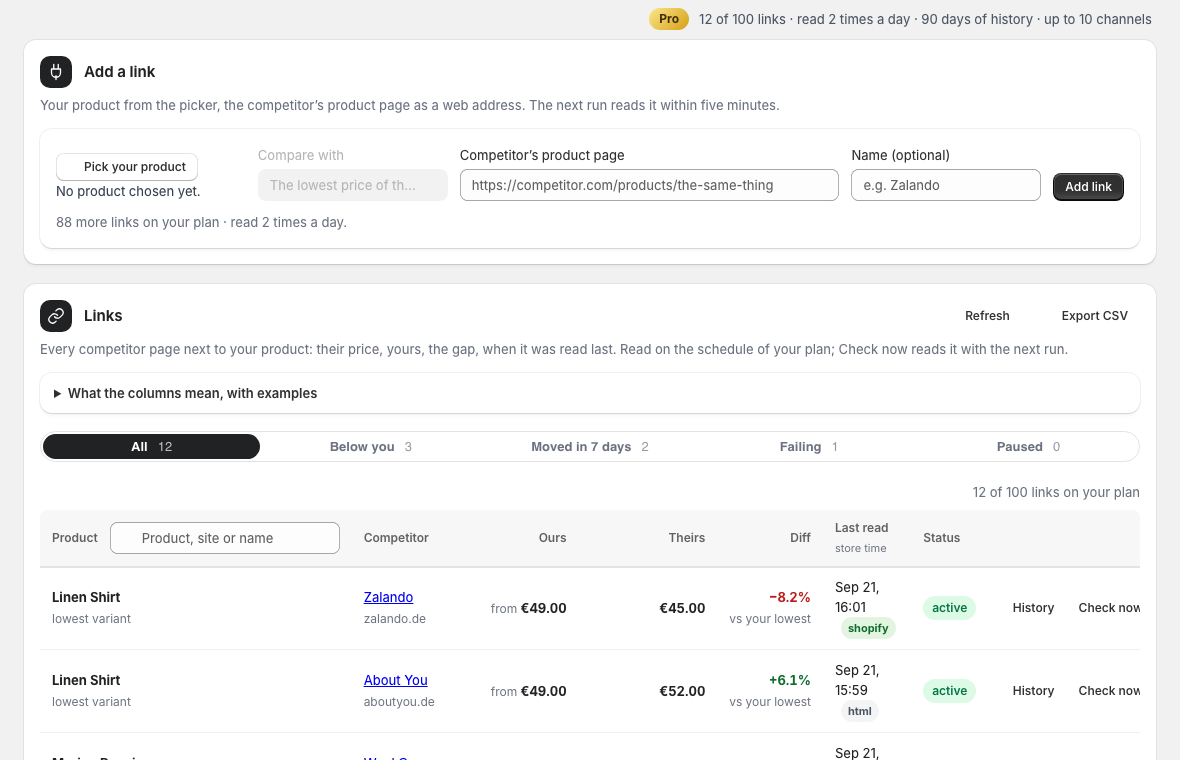 Links: your product, the competitor, ours, theirs, the gap, the last read and the status, with Check now, Pause and Remove on each row