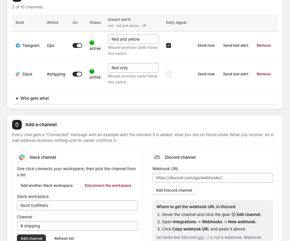 Channels: Telegram and Slack rows with an On switch, status and Send test alert, and cards to add Slack and Discord
