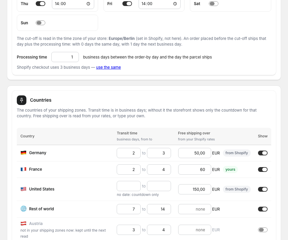 Settings: the cut-off for each day of the week, processing time, countries with transit days and free-shipping thresholds