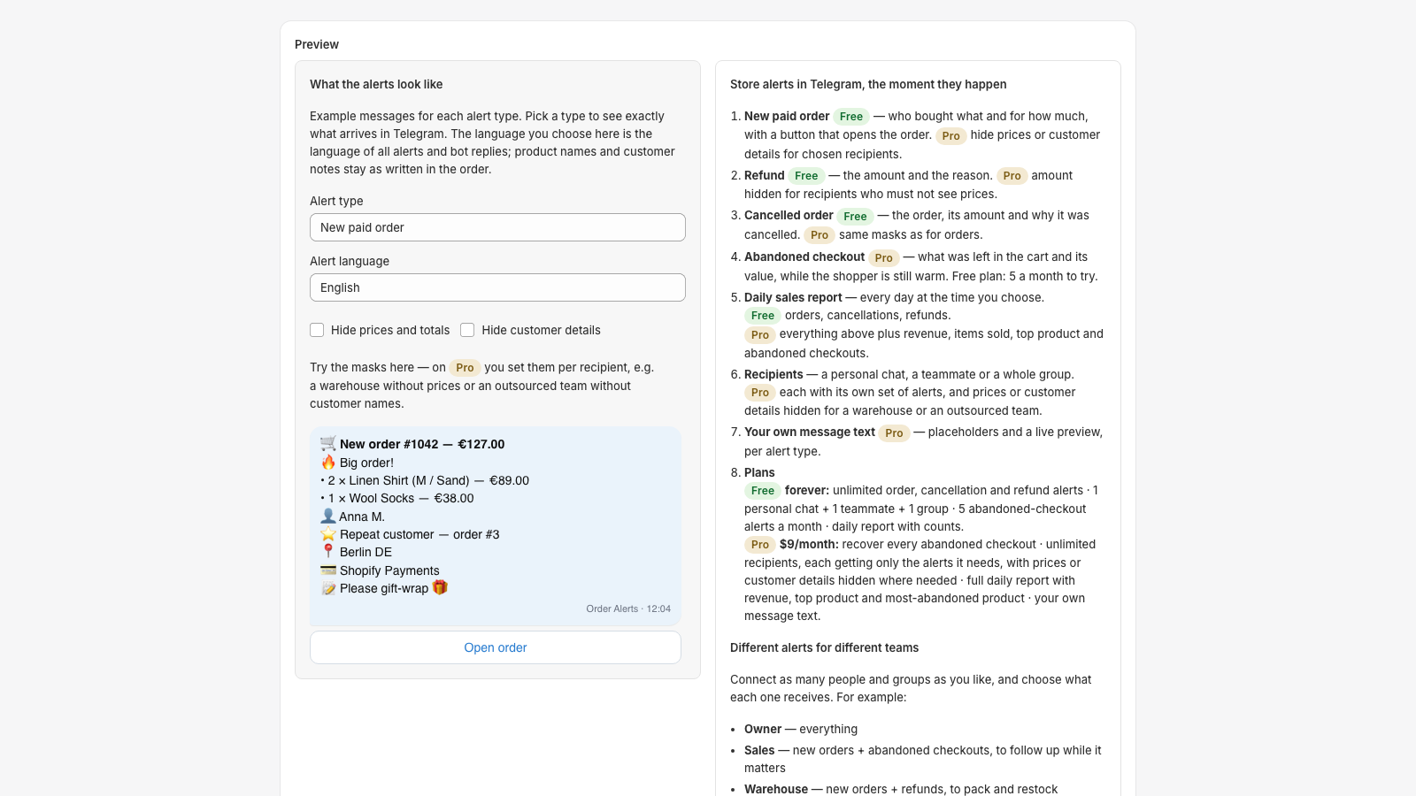 Live preview of an alert with language and mask toggles
