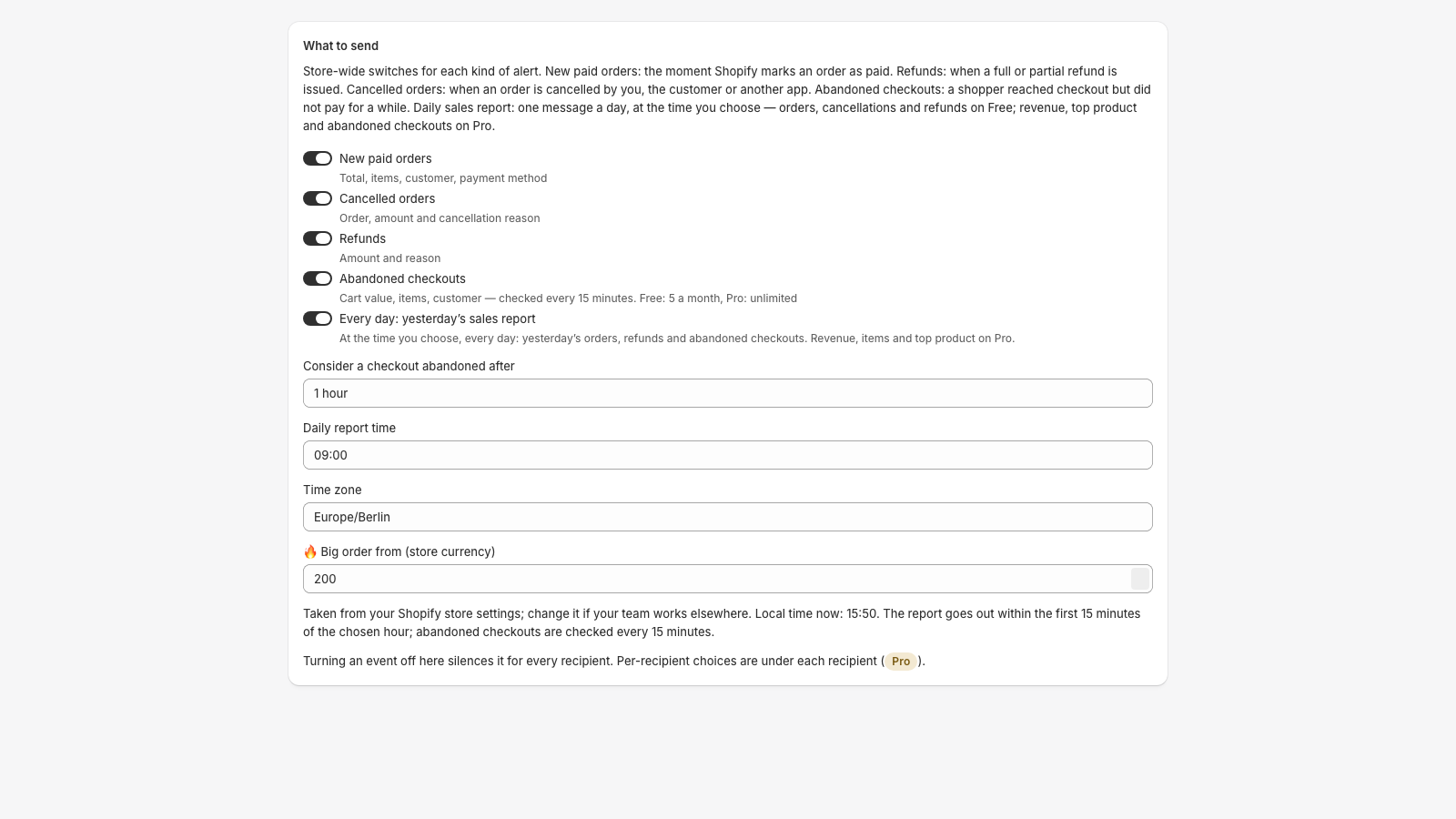 Store-wide switches for each alert type, report time and time zone