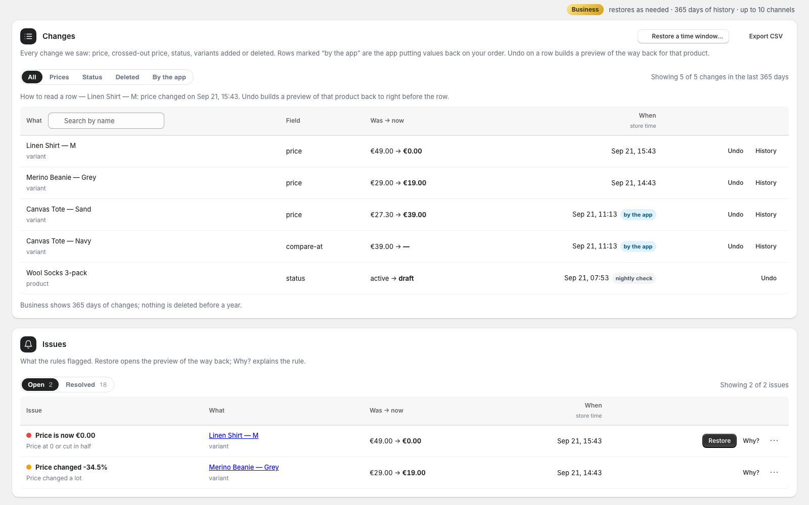 Changes: every price, compare-at and status change with its source, Undo and History on each row; below, the issues the rules flagged