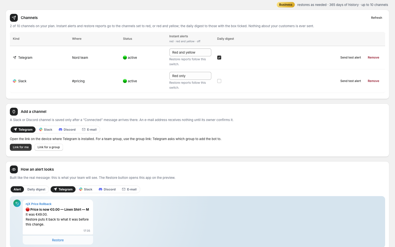 Channels: a connected Telegram chat and a Slack channel, the alert level and the digest switch, the preview of an alert with a Restore button