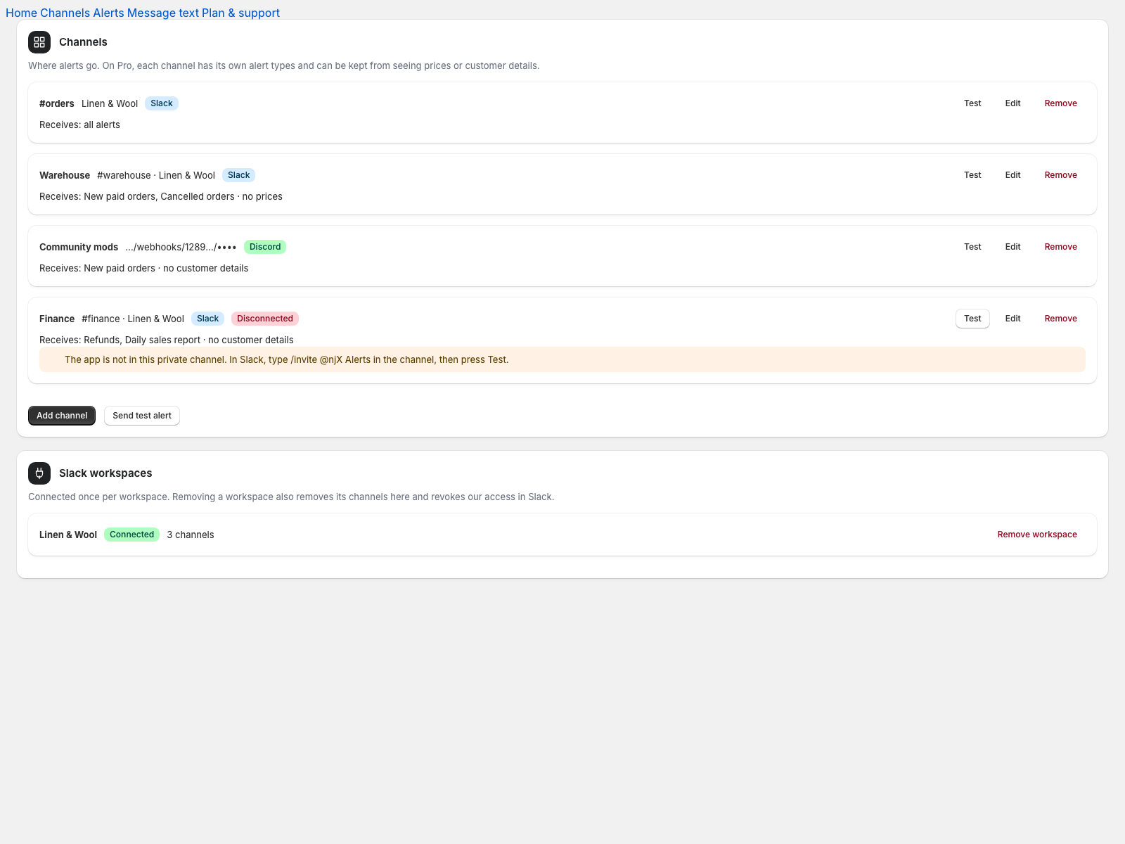 Channels with their own alert sets, masks and a Test button