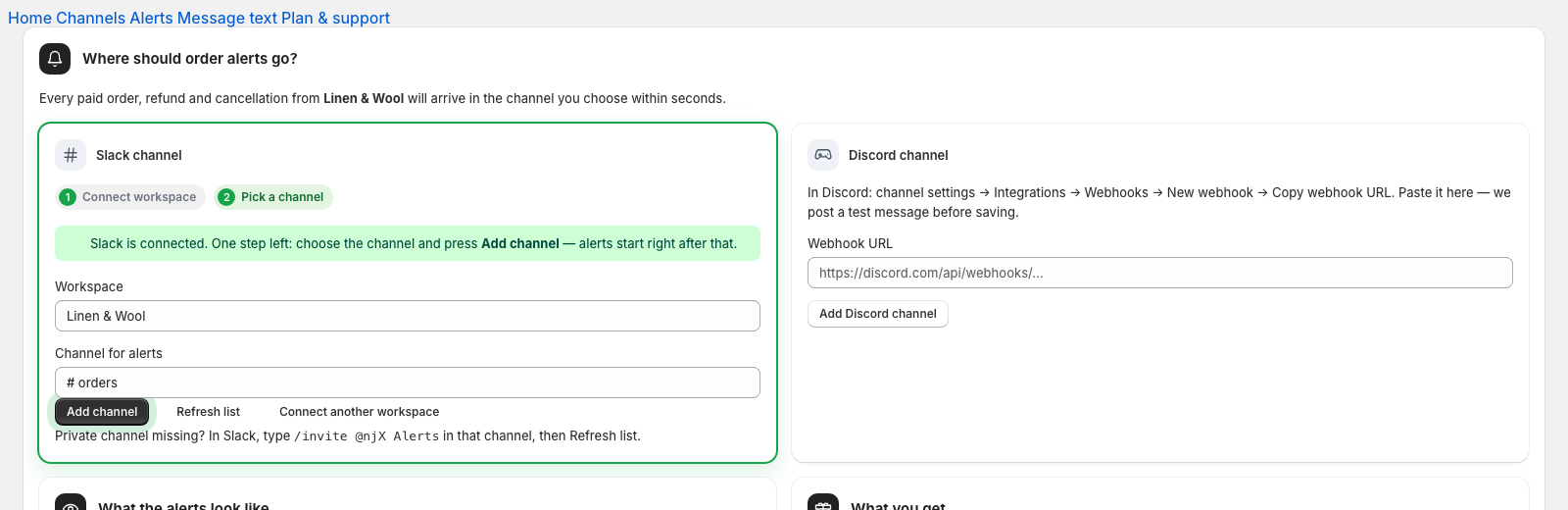 The Slack card after connecting: step 2, pick a channel, with the Add channel button