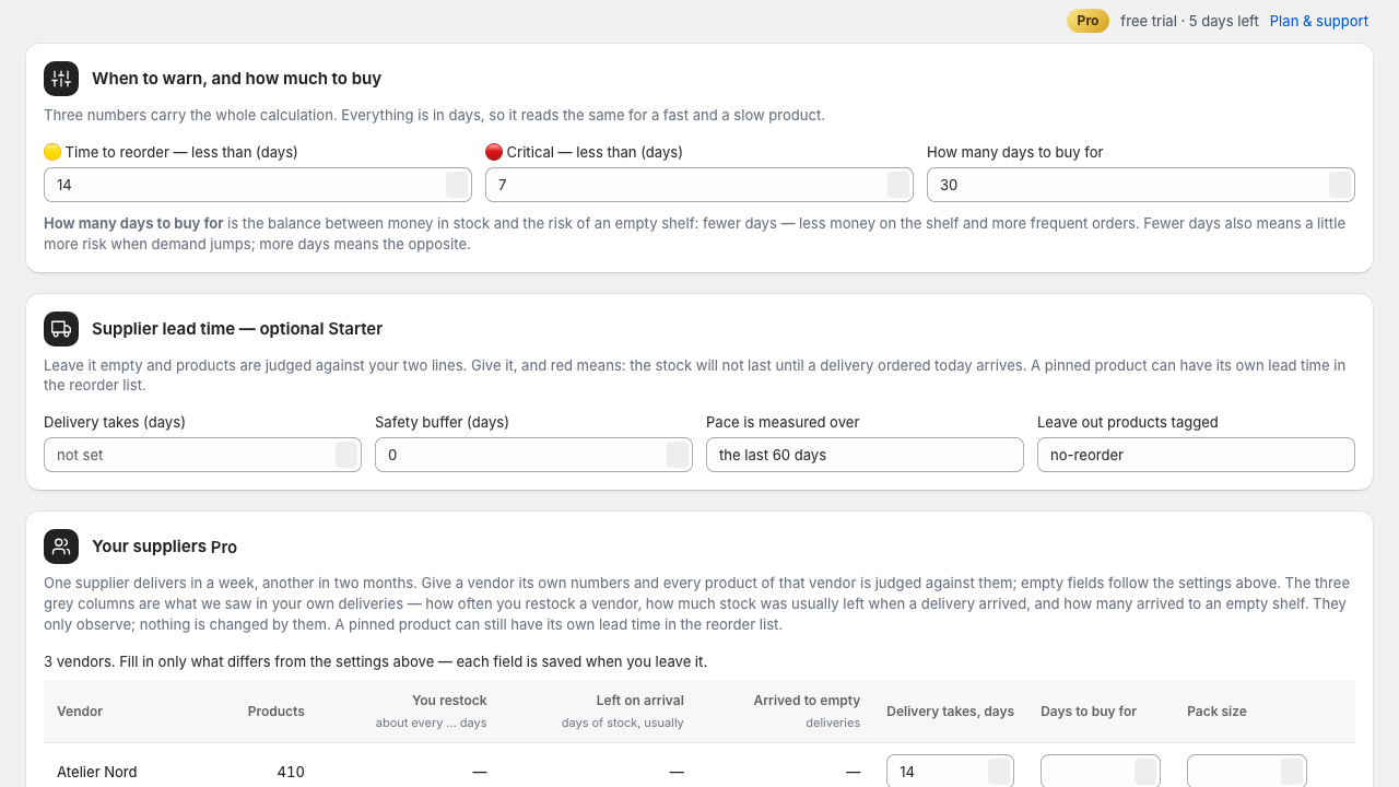 Settings: the two warning lines, days to buy for, supplier lead time and the suppliers table